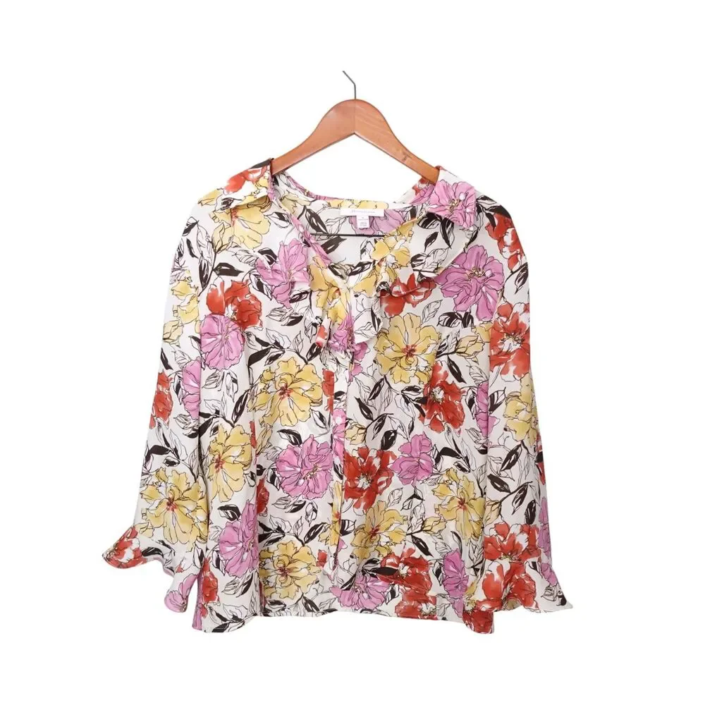 JM COLLECTION Pink Floral Ruffled Blouse Long Sleeve Romantic Cottagecore Sz 18